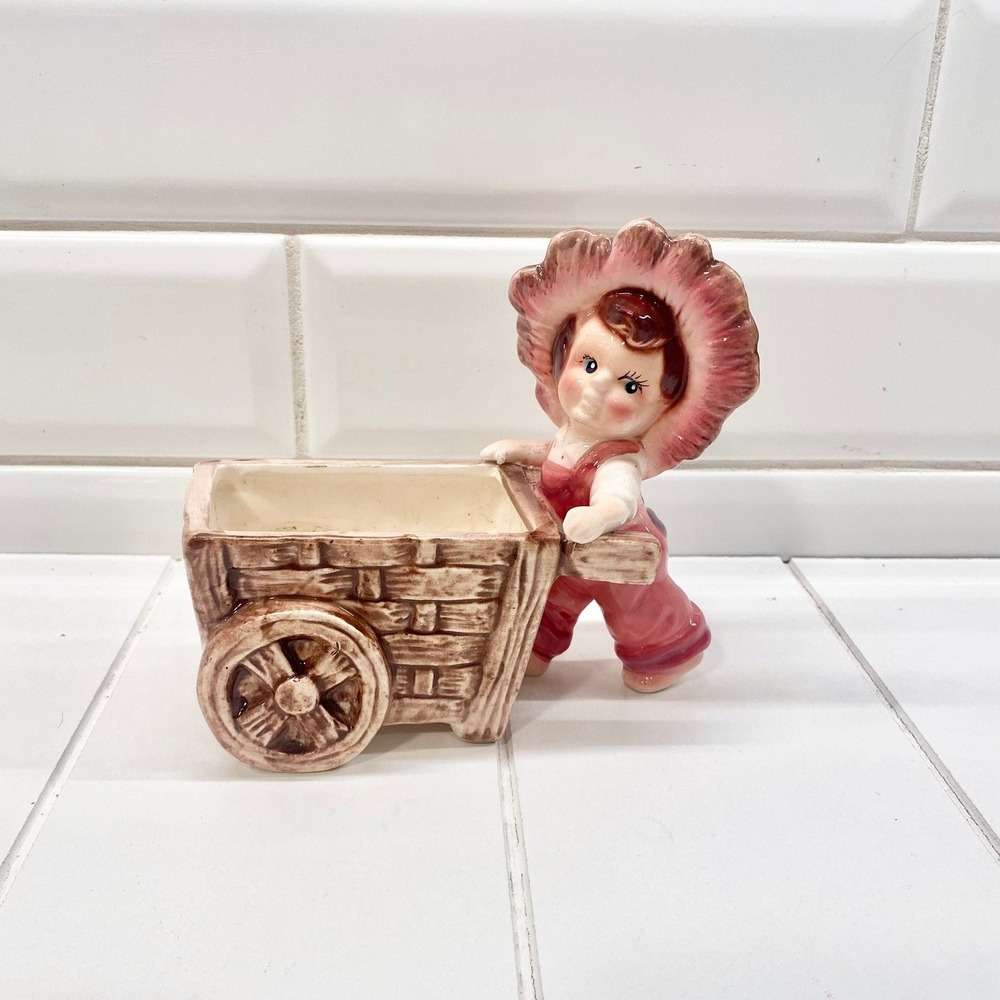 Vintage Ceramic Girl Pushing Wheelbarrow Planter Pink Sun Hat Kitsch Decor - Picture 2 of 10